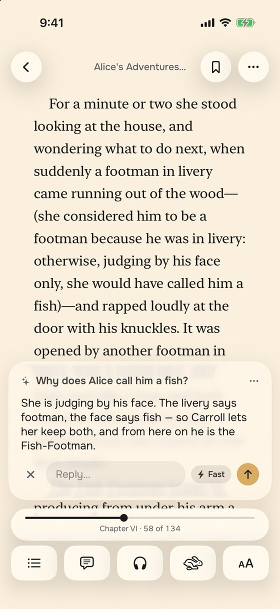 Litra on iPhone: a page of Alice's Adventures in Wonderland, with Orb answering why Alice calls him a fish